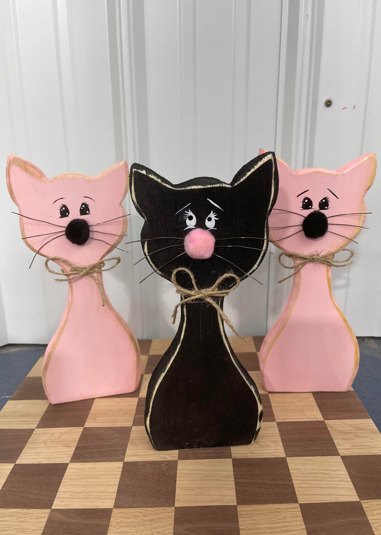 Rustic Hand Painted Wood Art - Minimalistic Cat with Wire Whiskers - For Shelf, Desk, or Table - Decoration