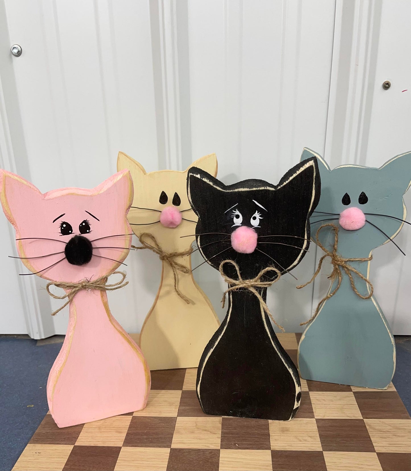 Rustic Hand Painted Wood Art - Minimalistic Cat with Wire Whiskers - For Shelf, Desk, or Table - Decoration