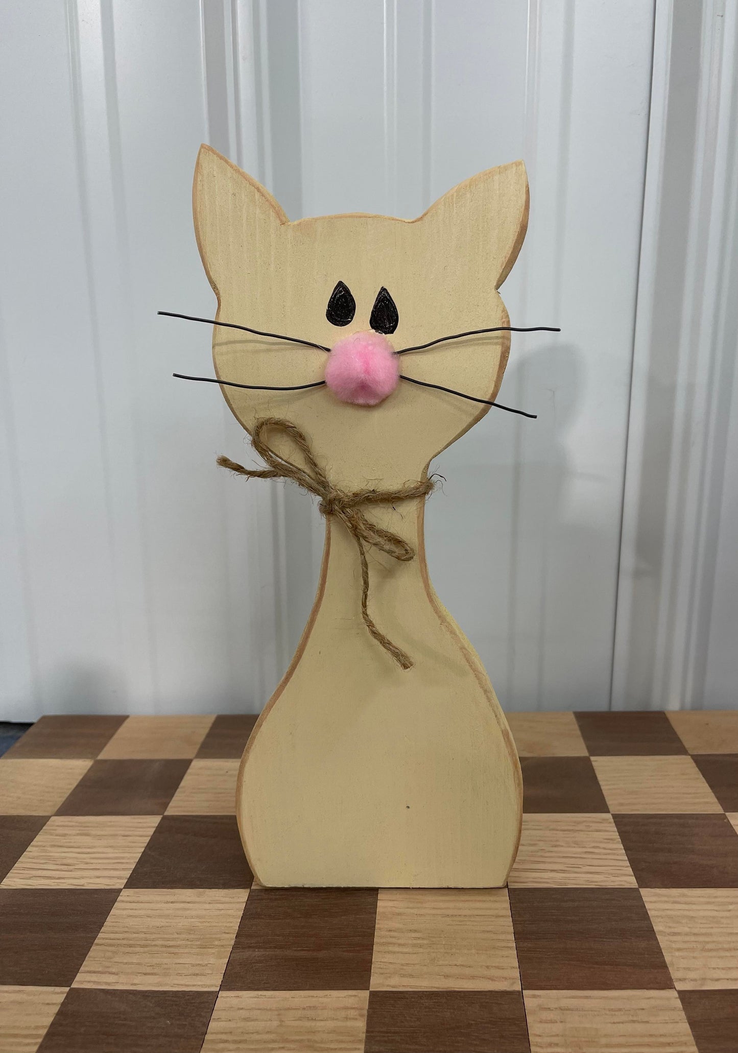 Rustic Hand Painted Wood Art - Minimalistic Cat with Wire Whiskers - For Shelf, Desk, or Table - Decoration