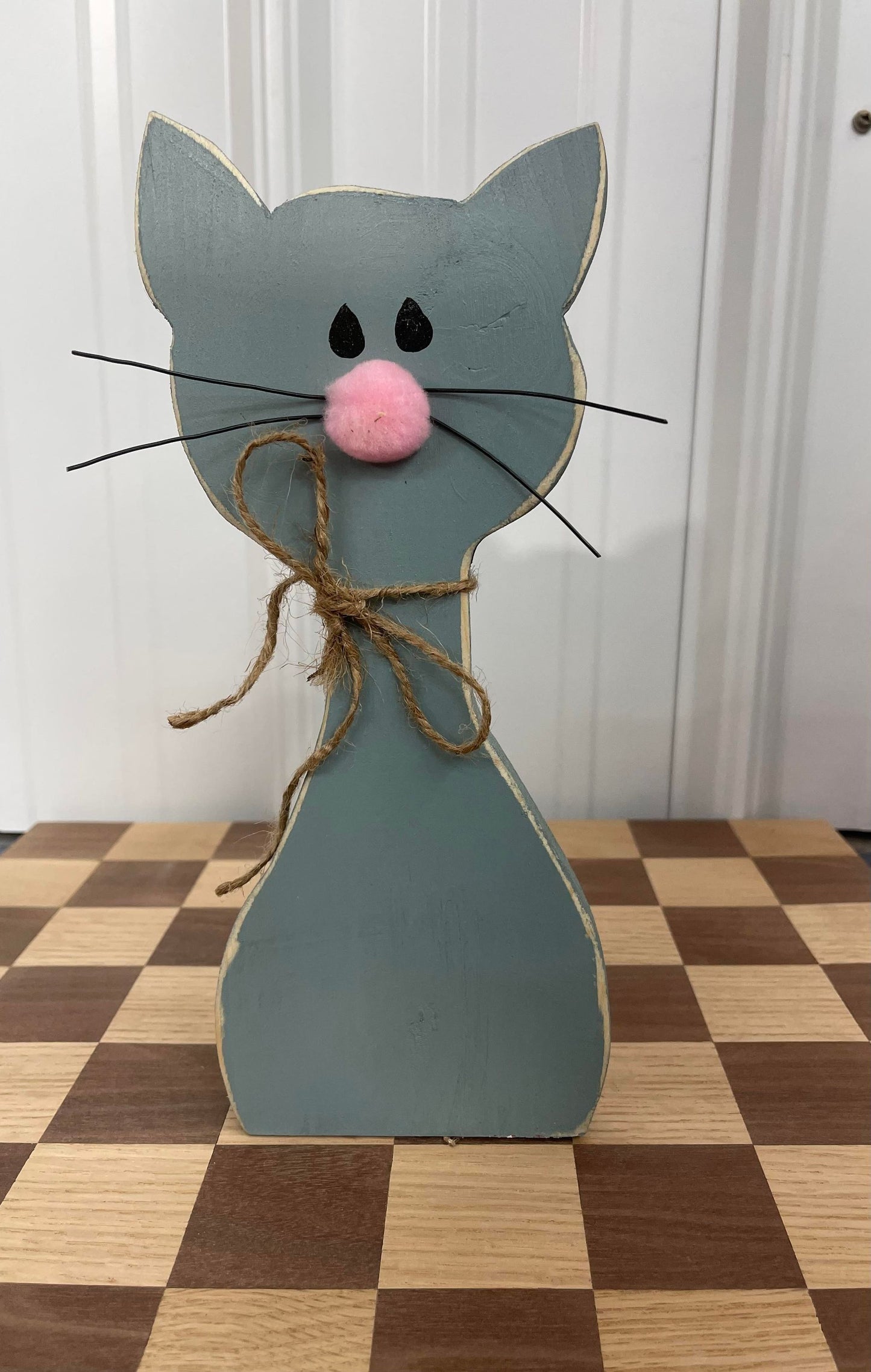 Rustic Hand Painted Wood Art - Minimalistic Cat with Wire Whiskers - For Shelf, Desk, or Table - Decoration