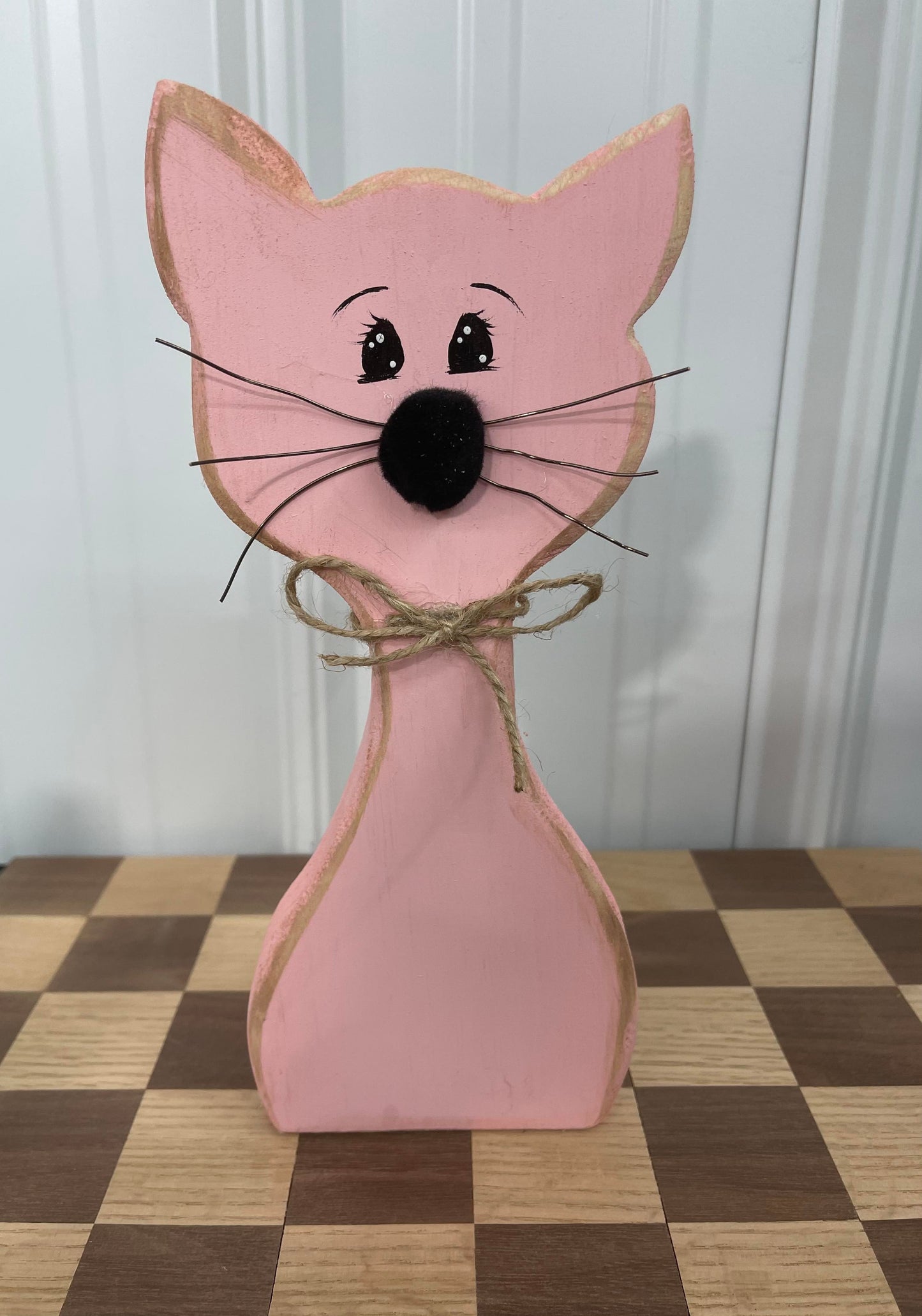 Rustic Hand Painted Wood Art - Minimalistic Cat with Wire Whiskers - For Shelf, Desk, or Table - Decoration