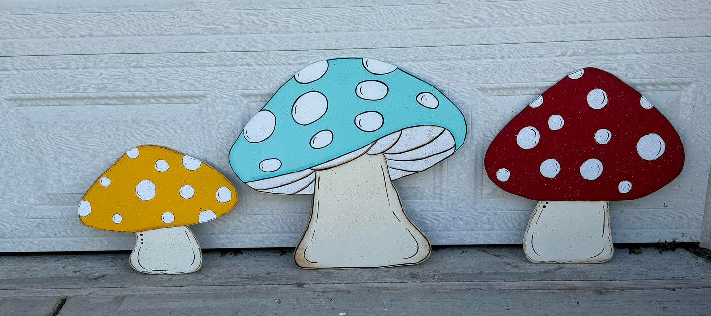 Hand Painted Wood Yard Art - Spring Summer or Fall Mushrooms - Lawn and Garden Decoration - Multiple Sizes and Colors