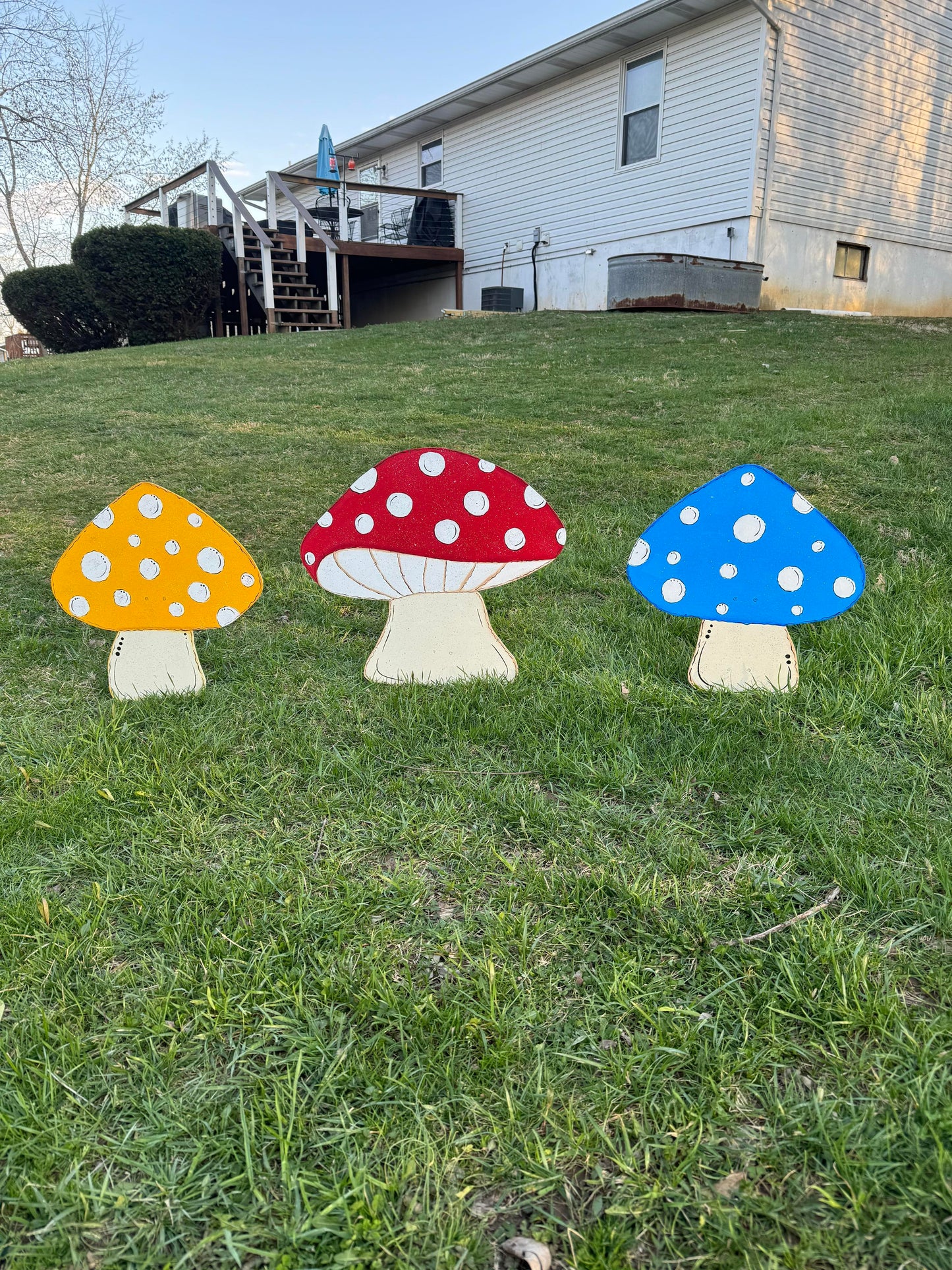 Hand Painted Wood Yard Art - Spring Summer or Fall Mushrooms - Lawn and Garden Decoration - Multiple Sizes and Colors