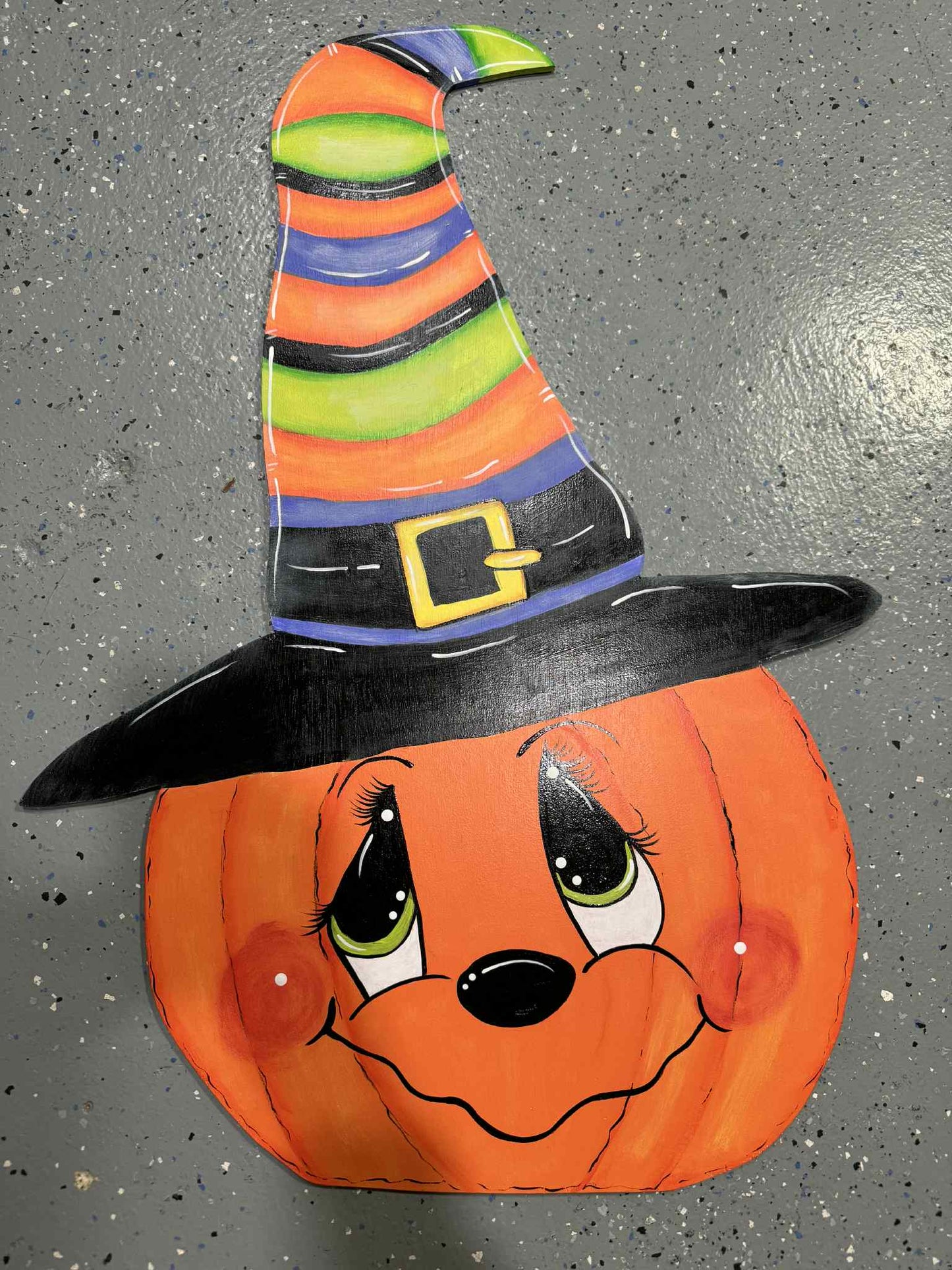 Hand Painted Wood Yard Art - Cute Pumpkin Witch Hat - Fall or Halloween - Lawn or Garden Decoration - Outdoor or Indoor