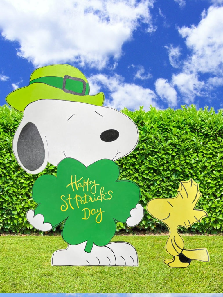 Hand Painted Wood Yard Art - St. Patrick's Day Leprechaun Snoopy - Outdoor Lawn Decoration
