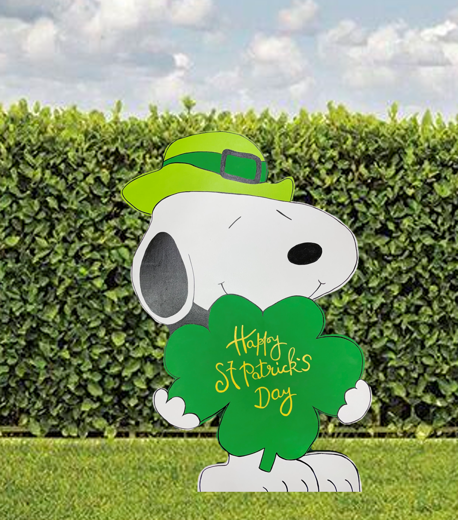 Hand Painted Wood Yard Art - St. Patrick's Day Leprechaun Snoopy - Outdoor Lawn Decoration
