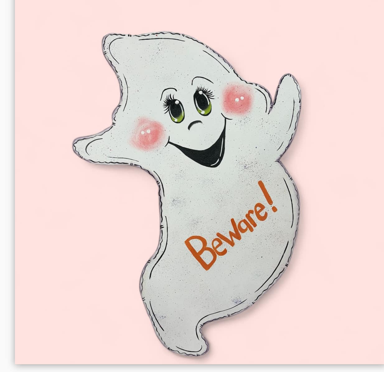 Hand Painted Wood Yard Art - Halloween Fall Beware! Cute Friendly Ghost - Lawn or Garden Decoration - Outdoor or Indoor