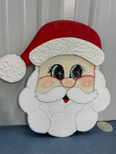 Hand Painted Wood Yard, Porch or Door Art - Santa Face - Glitter Snow - Outdoor Christmas Decoration