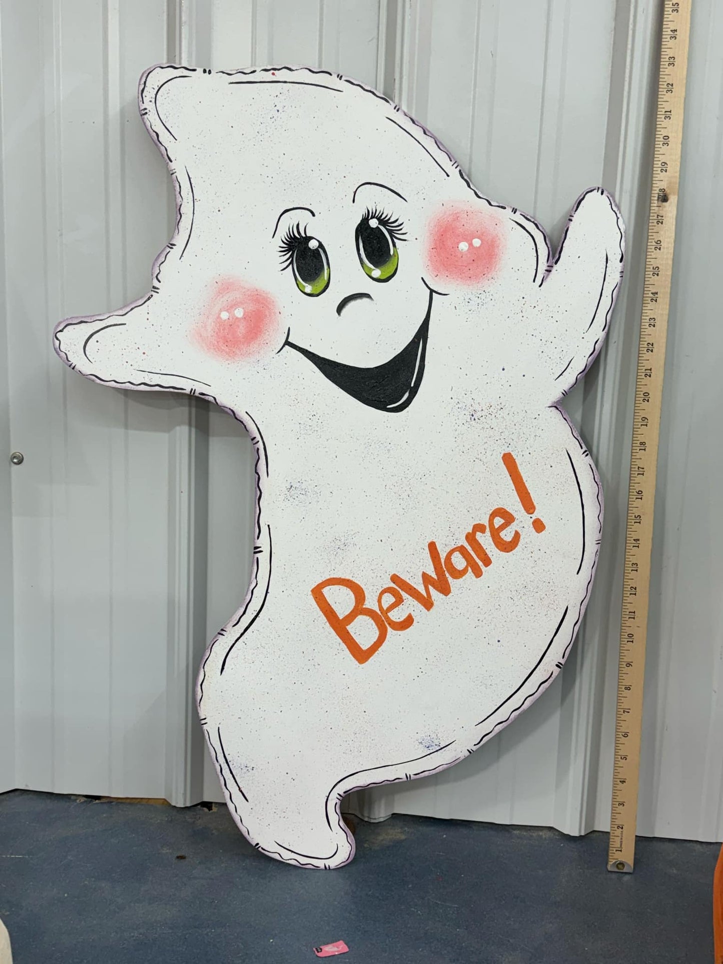 Hand Painted Wood Yard Art - Halloween Fall Beware! Cute Friendly Ghost - Lawn or Garden Decoration - Outdoor or Indoor