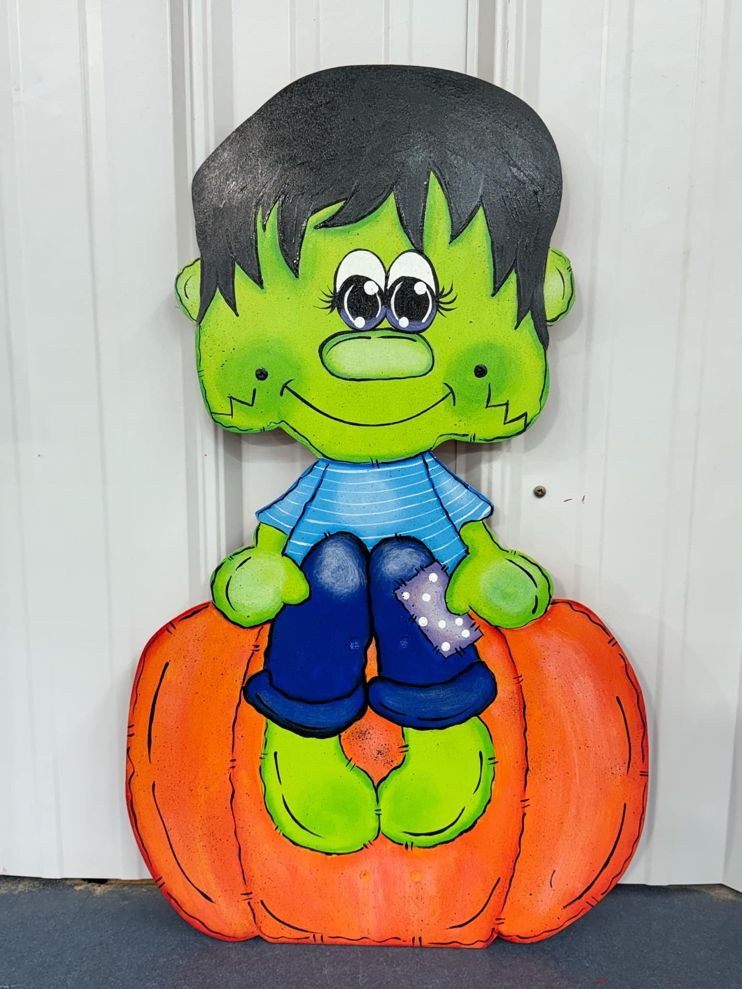 Hand Painted Wood Yard Art - Halloween Fall Frankenstein Boy- Lawn or Garden Decoration - Outdoor or Indoor