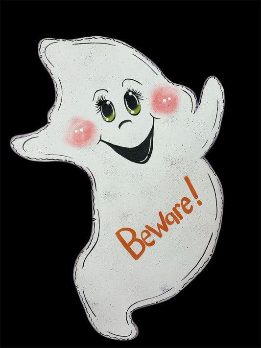 Hand Painted Wood Yard Art - Halloween Fall Beware! Cute Friendly Ghost - Lawn or Garden Decoration - Outdoor or Indoor