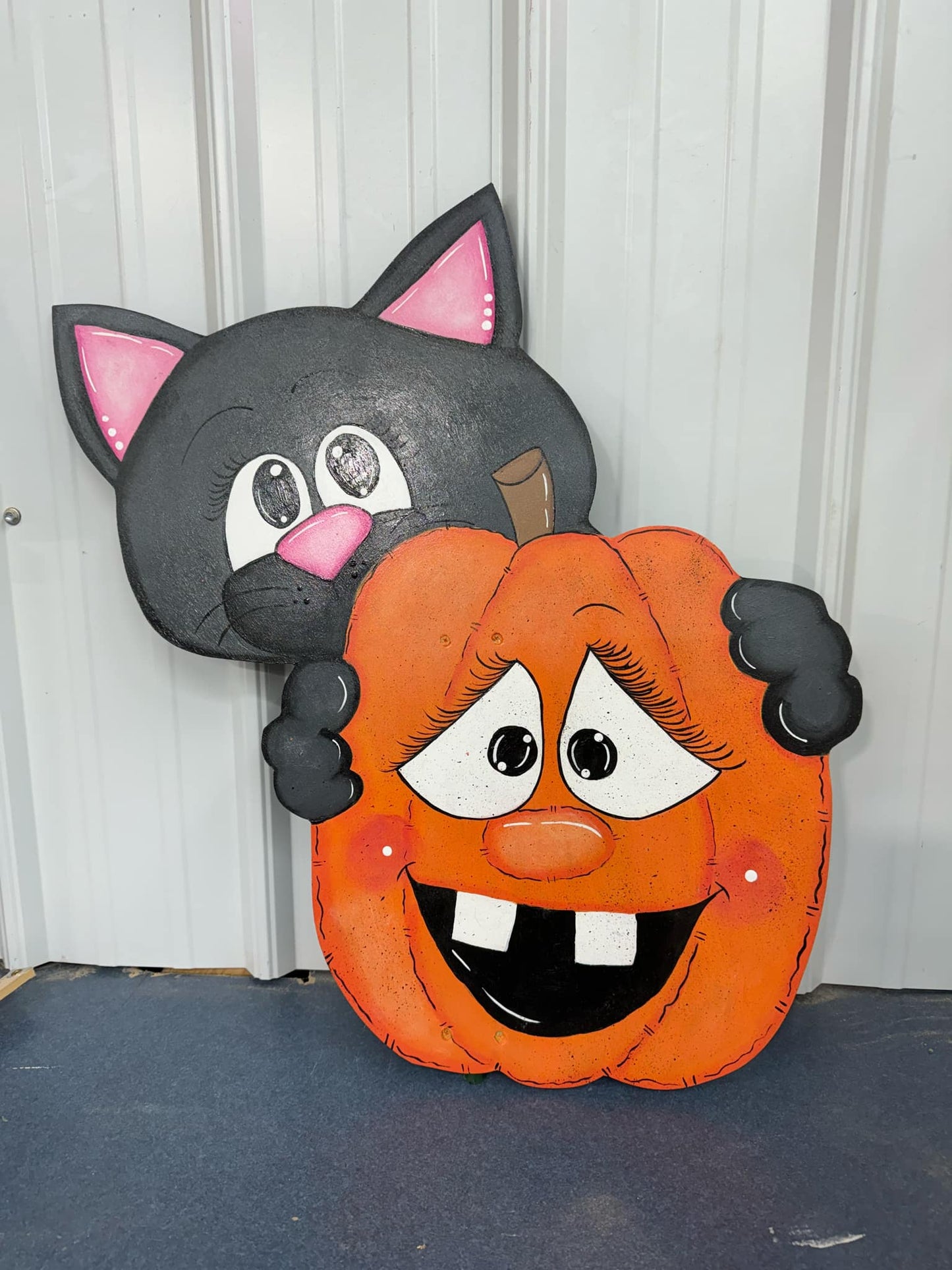 Hand Painted Wood Yard Art - Halloween Fall Black Cat & Jack o' Lantern - Lawn or Garden Decoration - Outdoor or Indoor