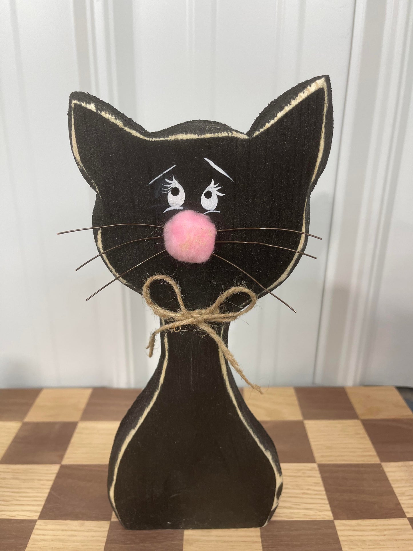 Rustic Hand Painted Wood Art - Minimalistic Cat with Wire Whiskers  - For Shelf, Desk, or Table - Decoration