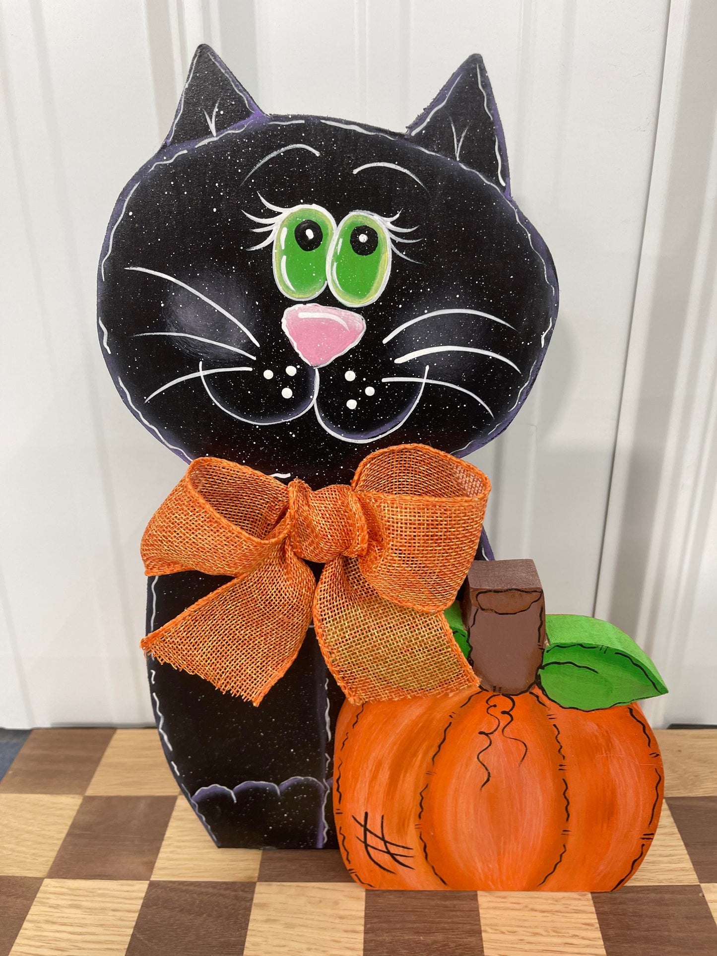 Hand Painted Wood Art - Cat with Pumpkin - For Shelf, Desk, or Table - Decoration