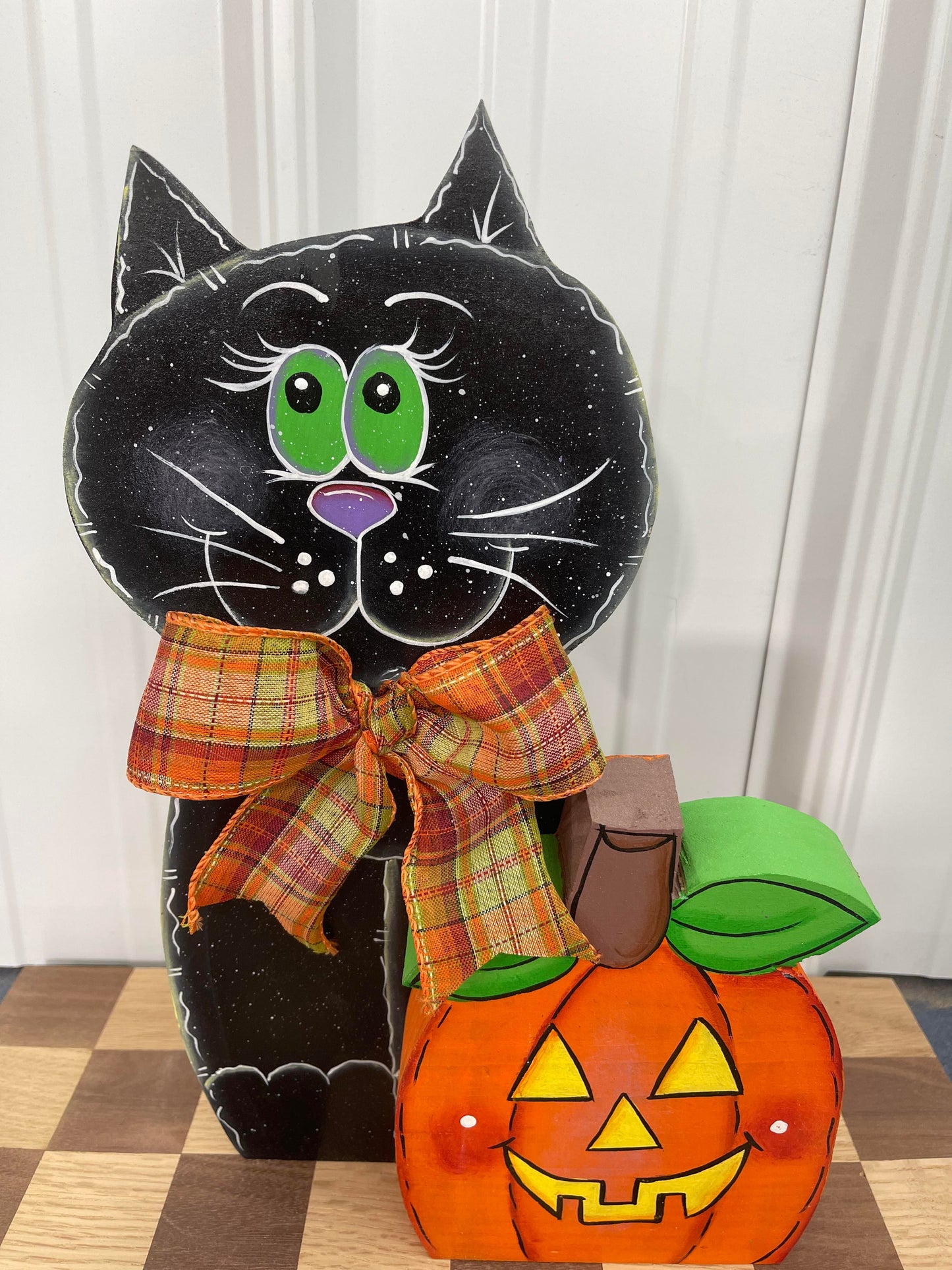 Hand Painted Wood Art - Cat with Pumpkin - For Shelf, Desk, or Table - Decoration