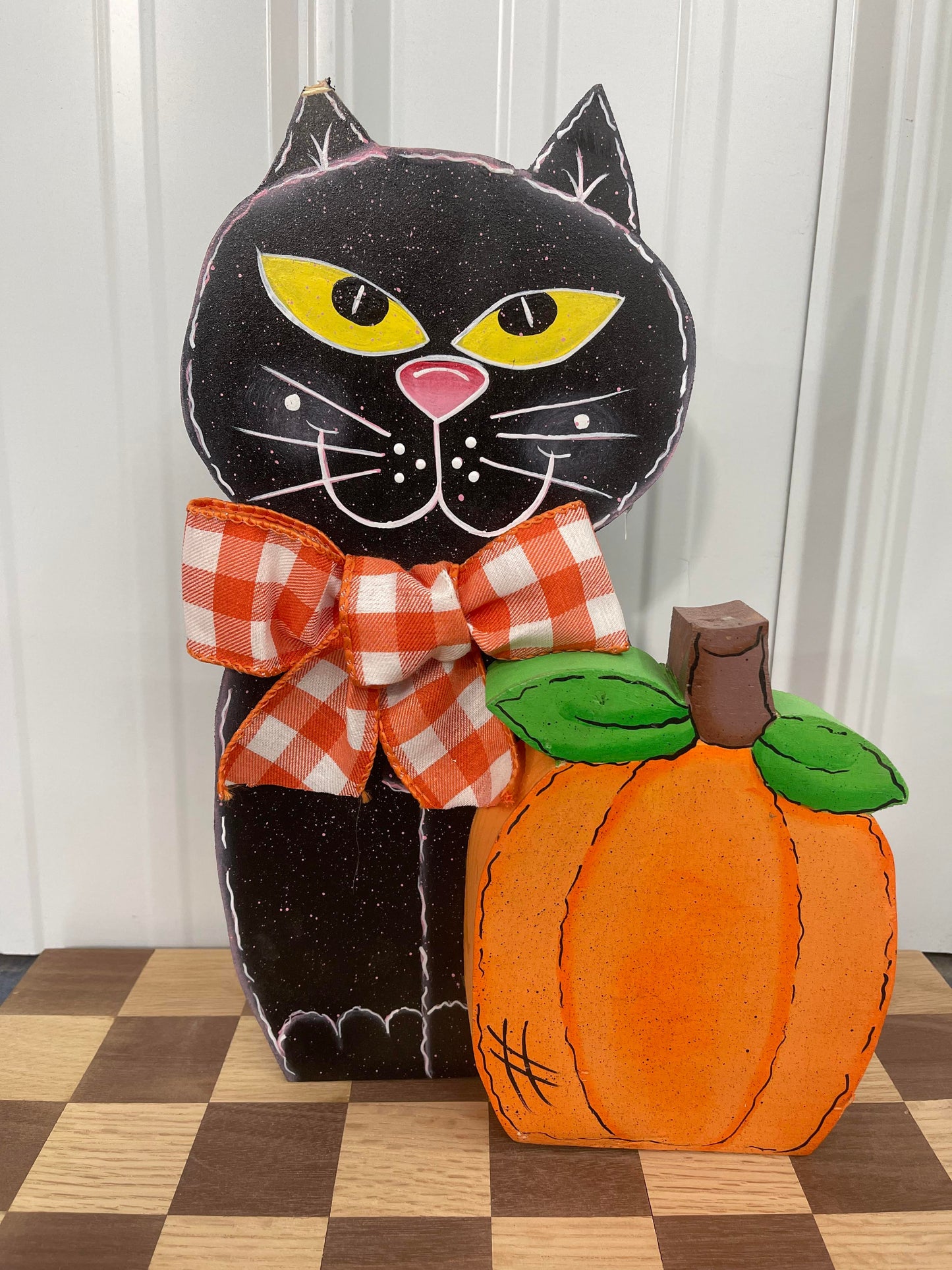 Hand Painted Wood Art - Cat with Pumpkin - For Shelf, Desk, or Table - Decoration