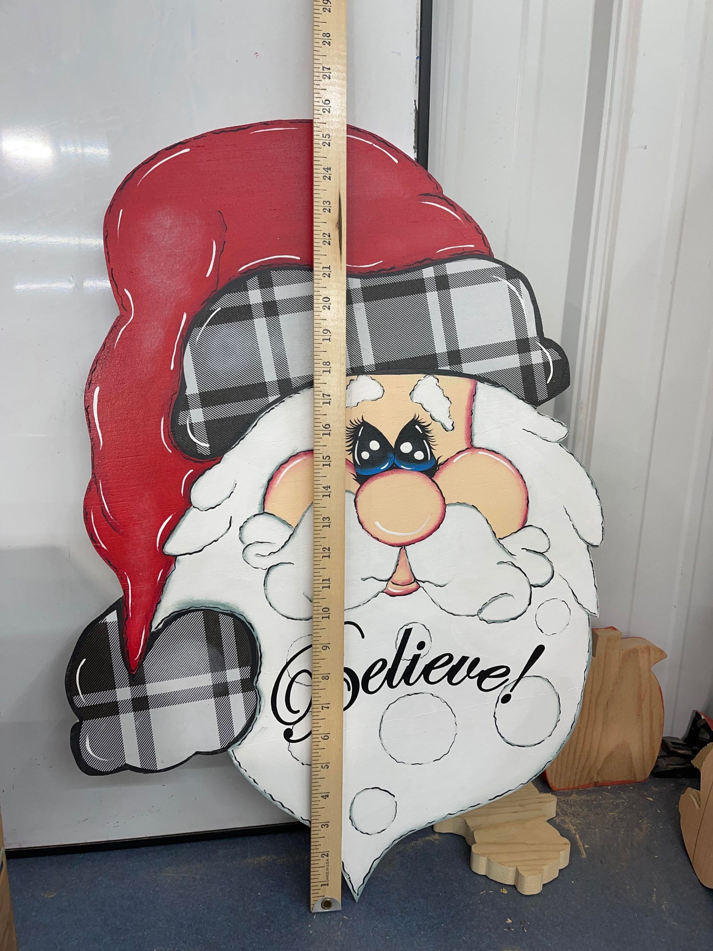 Hand Painted Wood Yard, Porch or Door Art - Santa Face - Buffalo Plaid - Outdoor Christmas Decoration