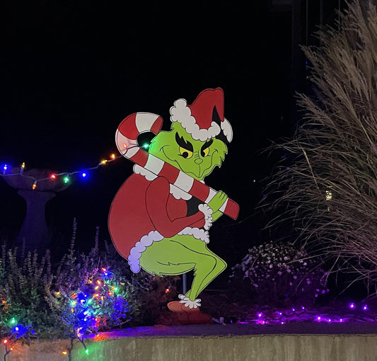 Hand Painted Wooden Yard Art - Candy Cane Grinch - Stealing Lights - Outdoor Ready - Christmas Lawn Decoration