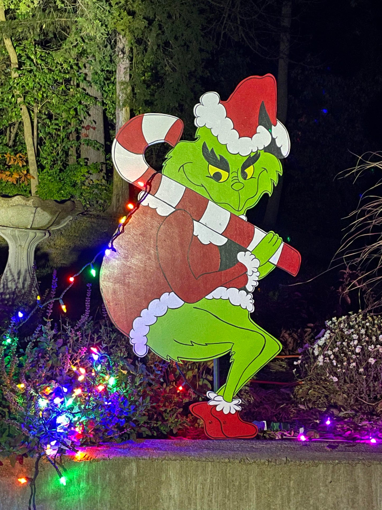 Hand Painted Wooden Yard Art - Candy Cane Grinch - Stealing Lights - Outdoor Ready - Christmas Lawn Decoration