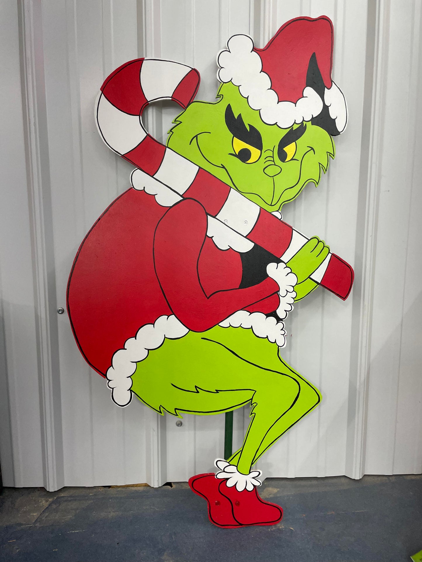 Hand Painted Wooden Yard Art - Candy Cane Grinch - Stealing Lights - Outdoor Ready - Christmas Lawn Decoration