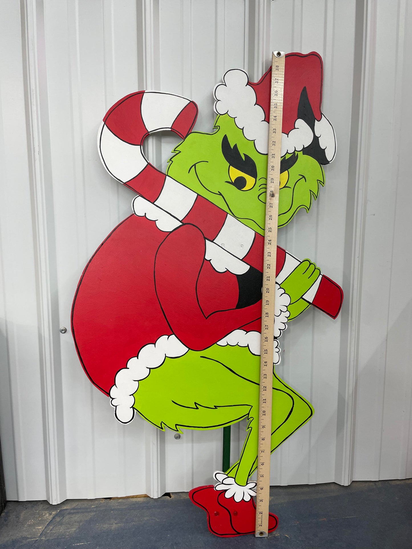 Hand Painted Wooden Yard Art - Candy Cane Grinch - Stealing Lights - Outdoor Ready - Christmas Lawn Decoration