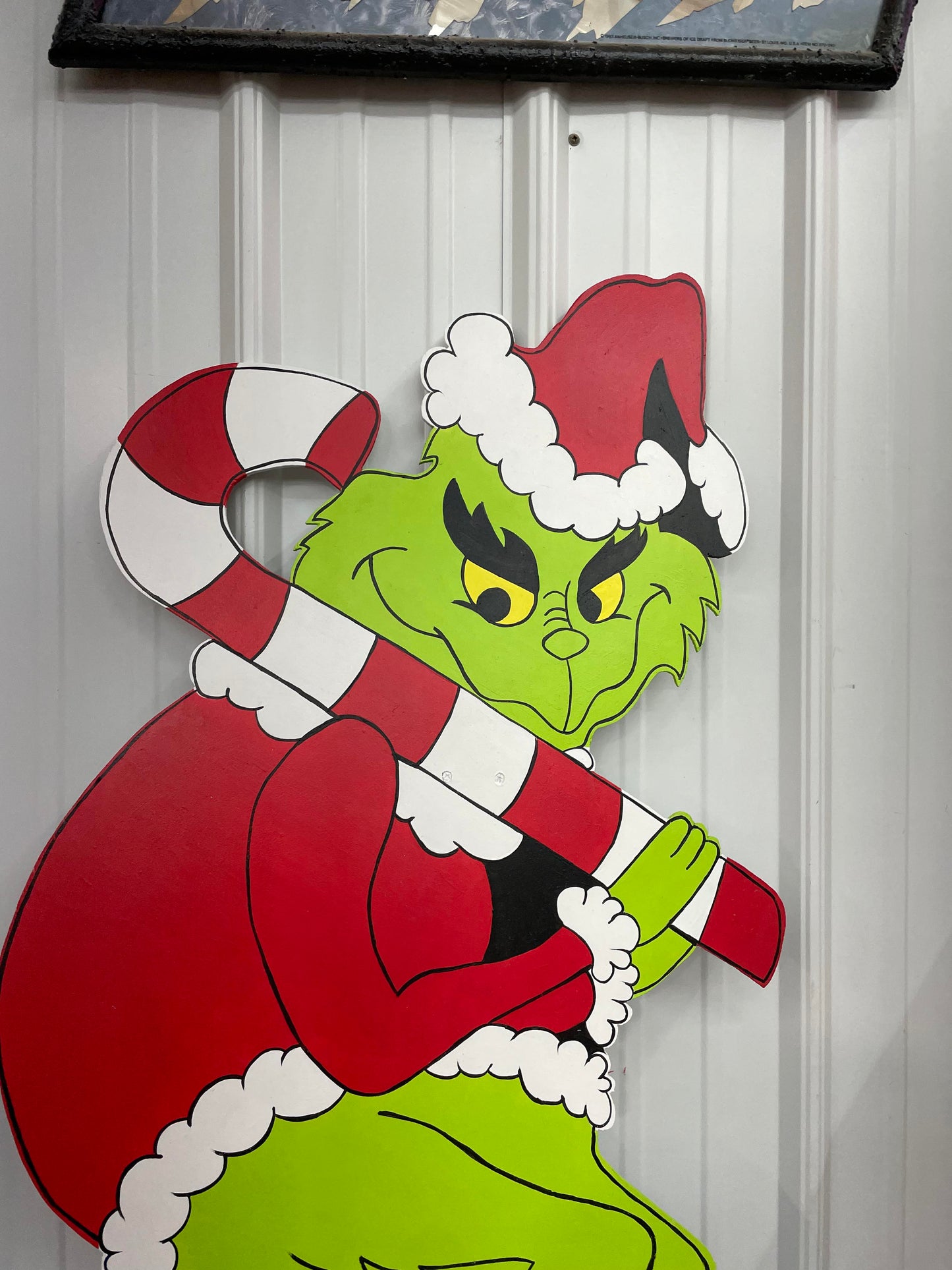 Hand Painted Wooden Yard Art - Candy Cane Grinch - Stealing Lights - Outdoor Ready - Christmas Lawn Decoration