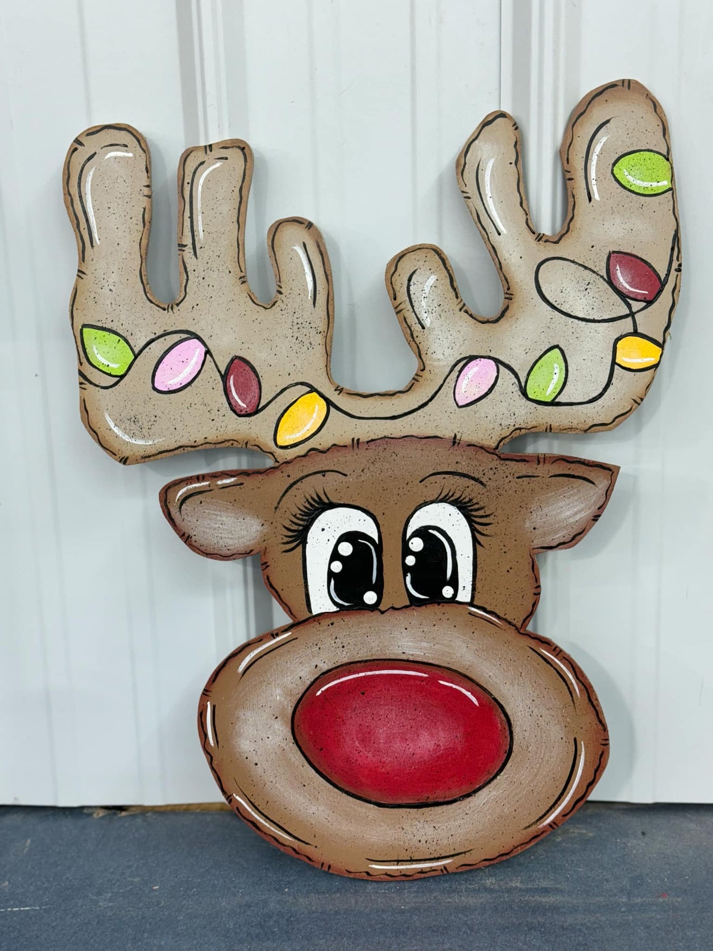 Hand Painted Wood Yard Art - Christmas Winter Reindeer Rudolph Festive Lights - Lawn or Garden Decoration - Outdoor or Indoor