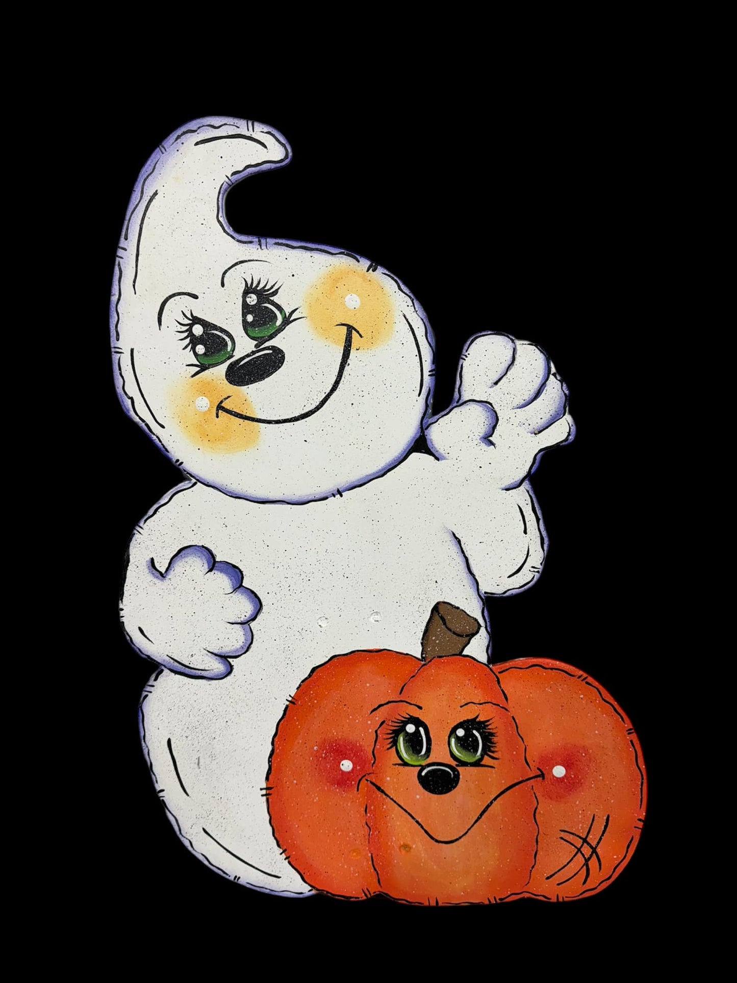 Hand Painted Wood Yard Art - Cute Ghost with Pumpkin - Fall or Halloween - Lawn or Garden Decoration - Outdoor or Indoor