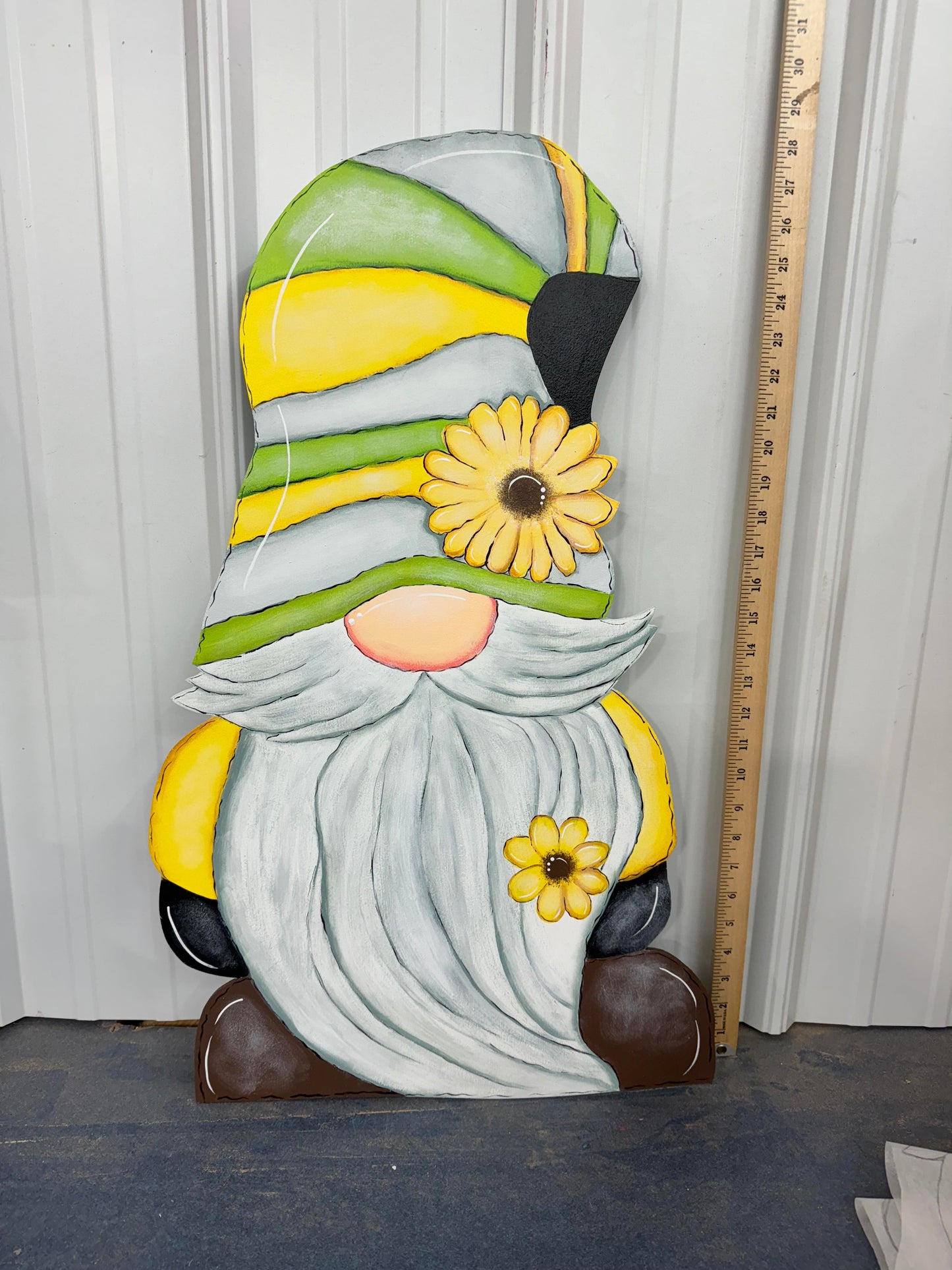 Hand Painted Wood Yard Art - Garden Gnome Gonk - Sunflower Hat - Outdoor Lawn Decoration