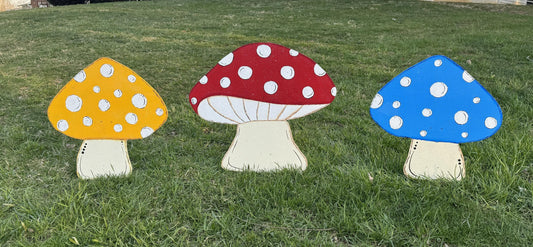 Hand Painted Wood Yard Art - Spring Summer or Fall Mushrooms - Lawn and Garden Decoration - Multiple Sizes and Colors