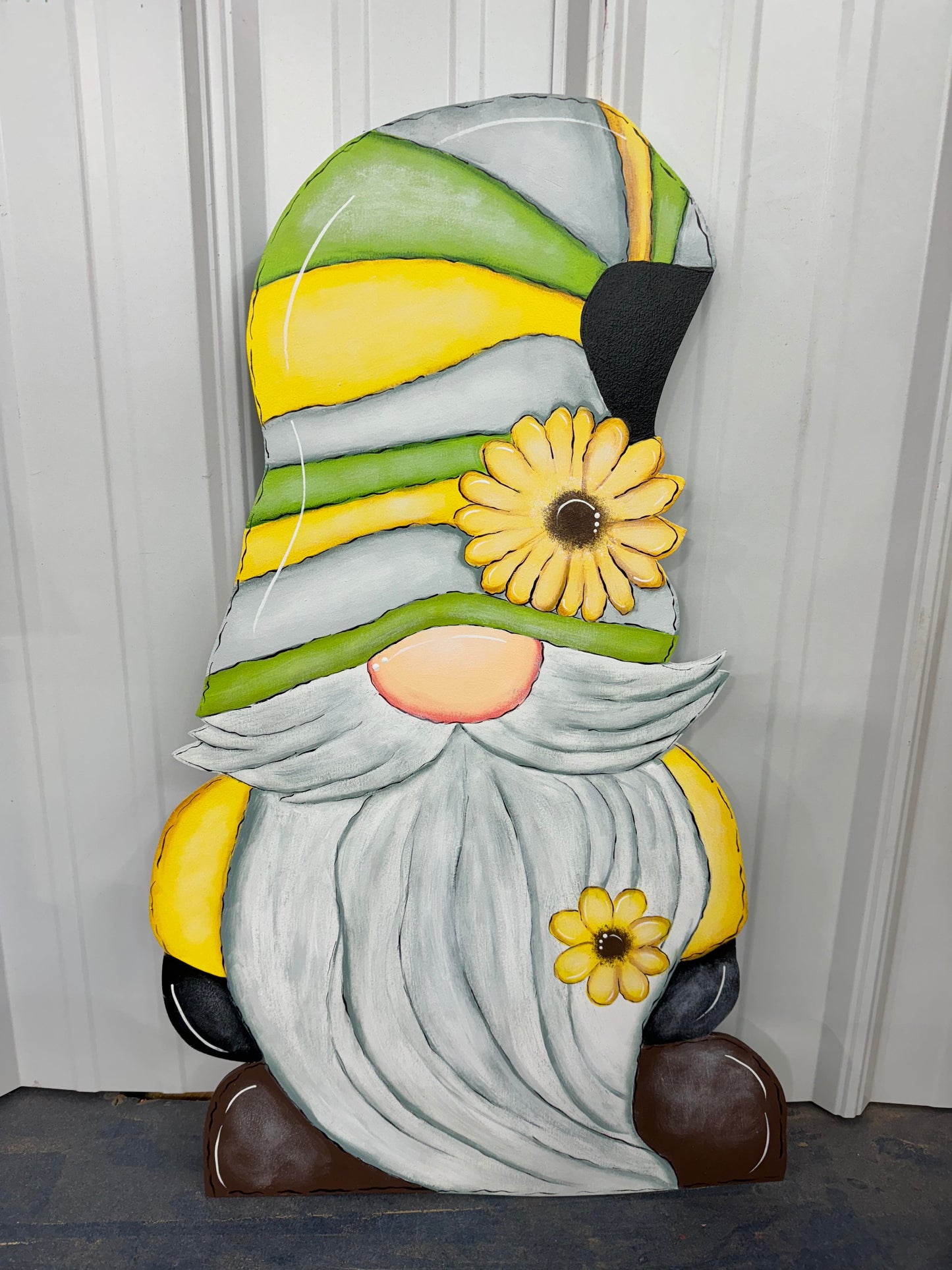 Hand Painted Wood Yard Art - Garden Gnome Gonk - Sunflower Hat - Outdoor Lawn Decoration