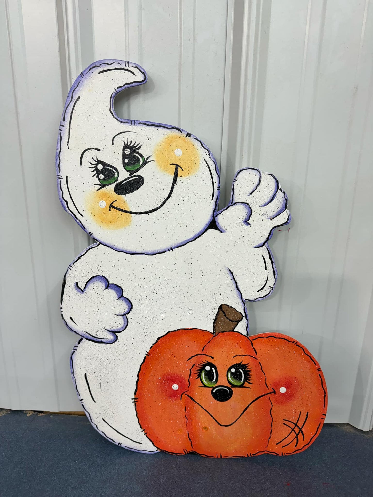 Hand Painted Wood Yard Art - Cute Ghost with Pumpkin - Fall or Halloween - Lawn or Garden Decoration - Outdoor or Indoor