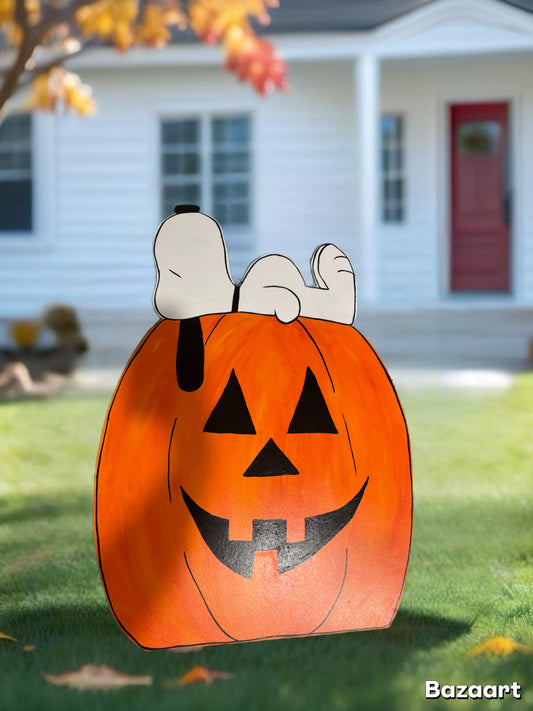 Snoopy on Jack o Lantern Pumpkin - Outdoor or Indoor - Fall and Halloween Yard Art Decor Wooden