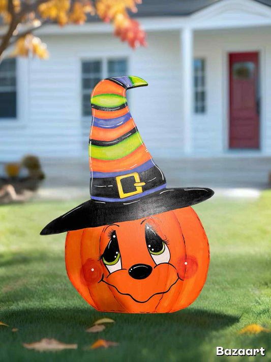 Hand Painted Wood Yard Art - Cute Pumpkin Witch Hat - Fall or Halloween - Lawn or Garden Decoration - Outdoor or Indoor