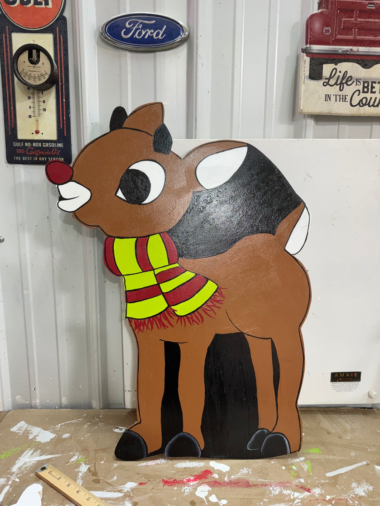 Rudolph the Red-Nosed Reindeer - Christmas Winter Indoor Outdoor - Handpainted Wooden Yard Art