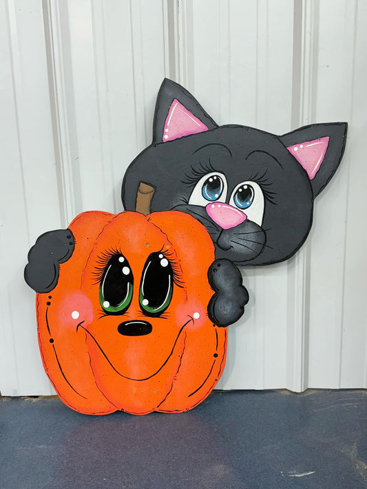 Hand Painted Wood Yard Art - Halloween Fall Black Cat & Jack o' Lantern - Lawn or Garden Decoration - Outdoor or Indoor