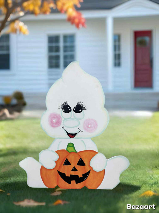Hand Painted Wood Yard Art - Cute Ghost with Jack o Lantern - Fall or Halloween - Lawn or Garden Decoration - Outdoor or Indoor (Copy)