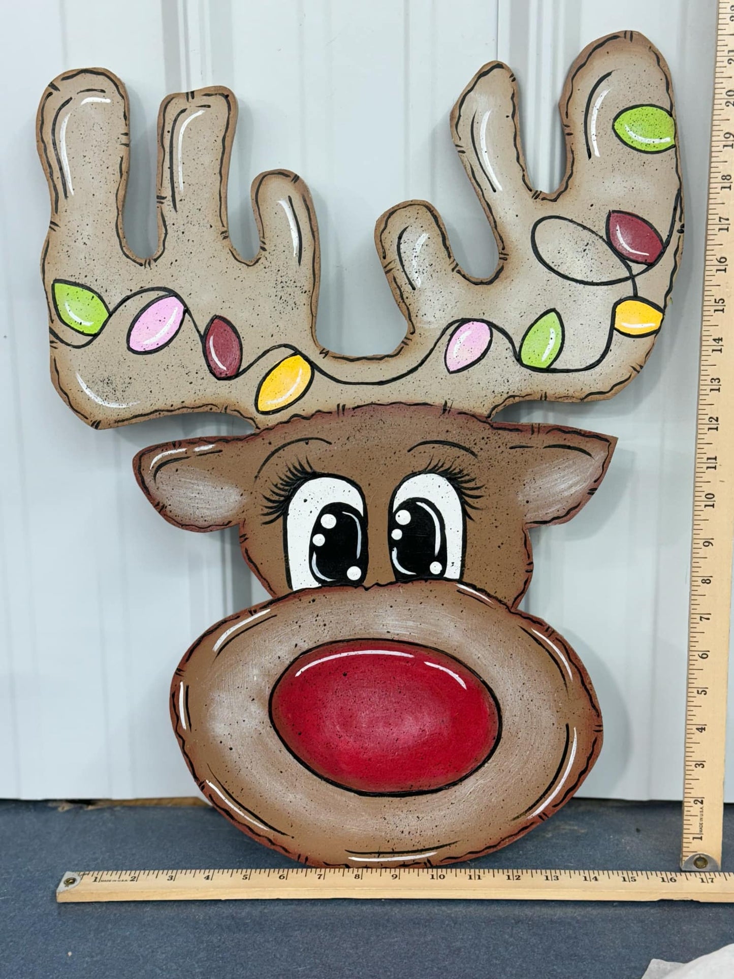 Hand Painted Wood Yard Art - Christmas Winter Reindeer Rudolph Festive Lights - Lawn or Garden Decoration - Outdoor or Indoor