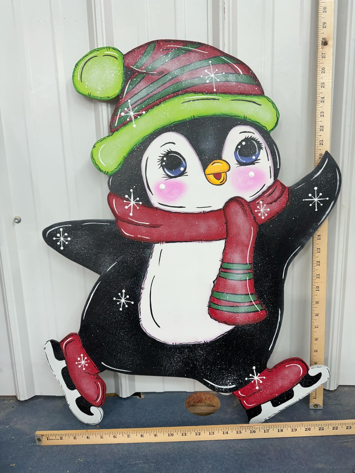 Hand Painted Wood Yard Art - Christmas Winter Ice Skating Penguin - Lawn or Garden Decoration - Outdoor or Indoor