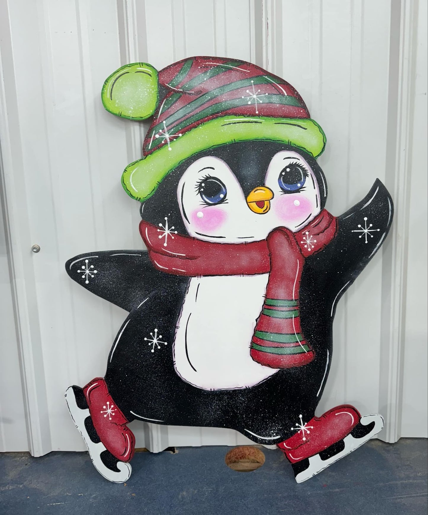 Hand Painted Wood Yard Art - Christmas Winter Ice Skating Penguin - Lawn or Garden Decoration - Outdoor or Indoor