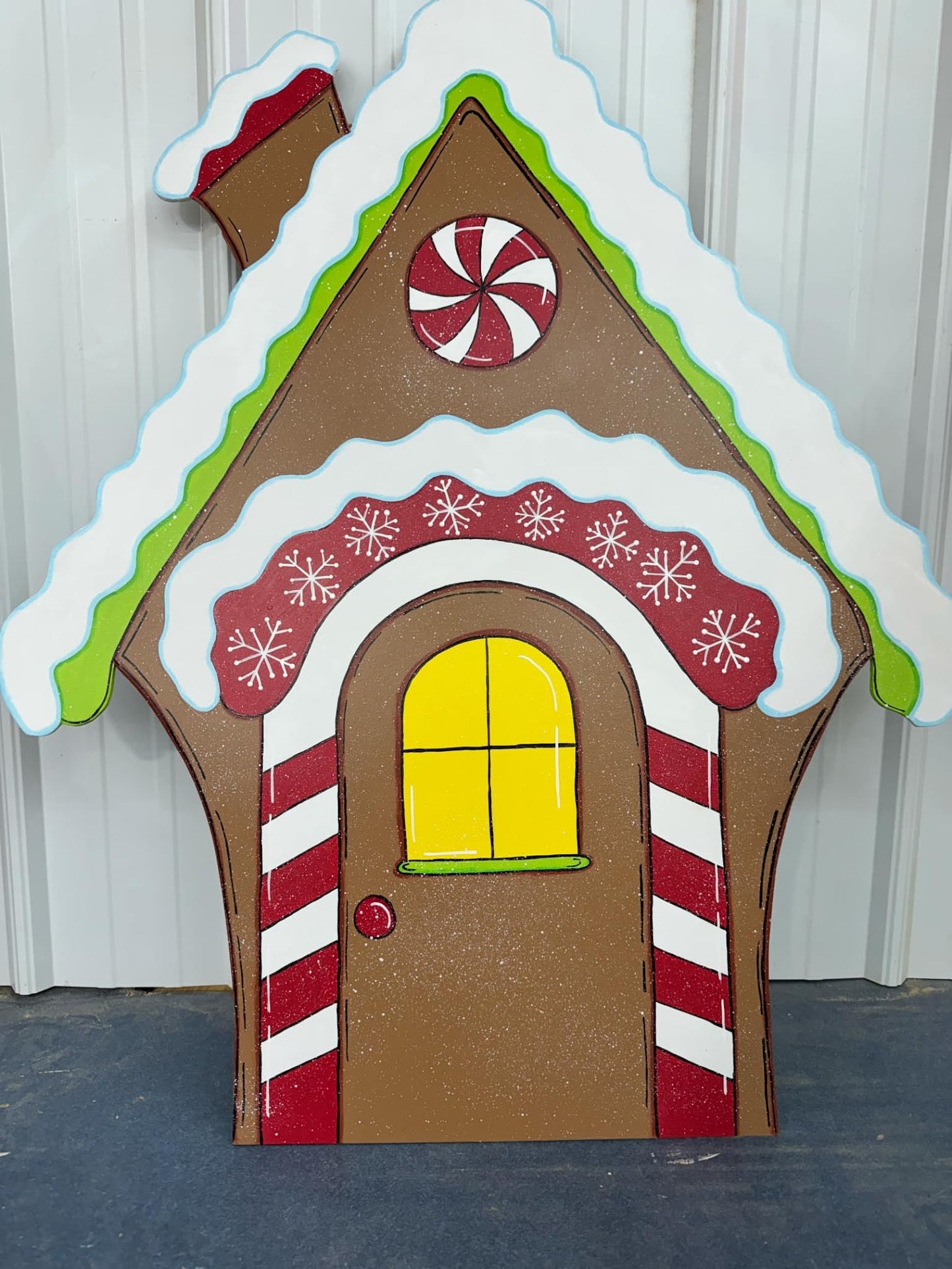 Hand Painted Wood Yard Art - Christmas Winter Gingerbread House- Lawn or Garden Decoration - Outdoor or Indoor