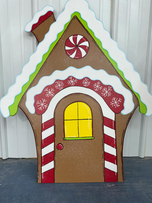 Hand Painted Wood Yard Art - Christmas Winter Gingerbread House- Lawn or Garden Decoration - Outdoor or Indoor