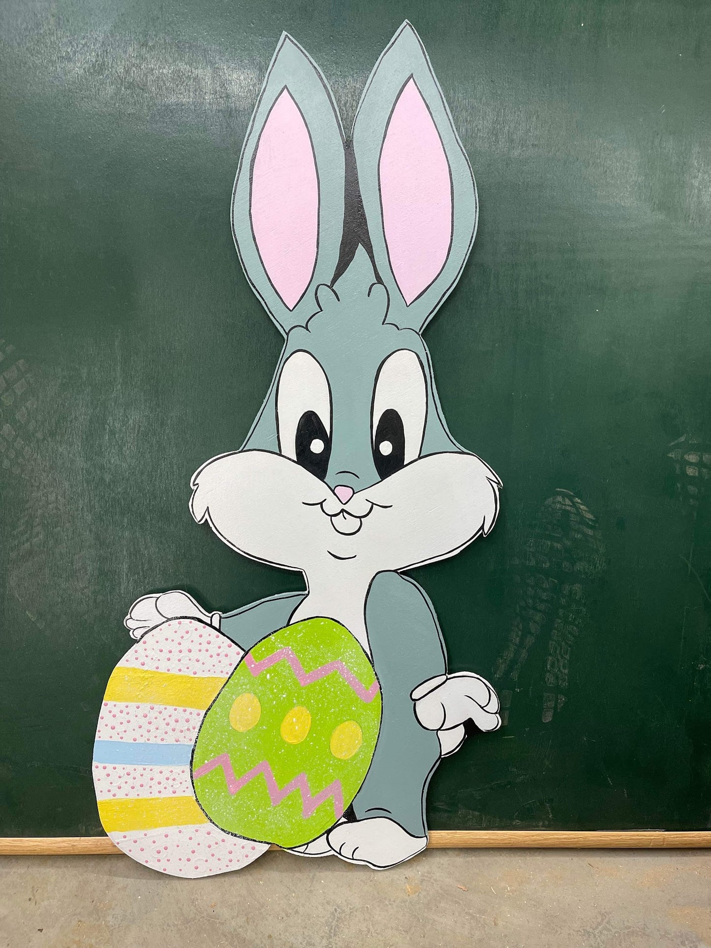 Hand Painted Wood Yard Art - Baby Tunes - Buggs Bunny with Egg - Easter, Spring, Summer Outdoor Yard and Garden Decoration