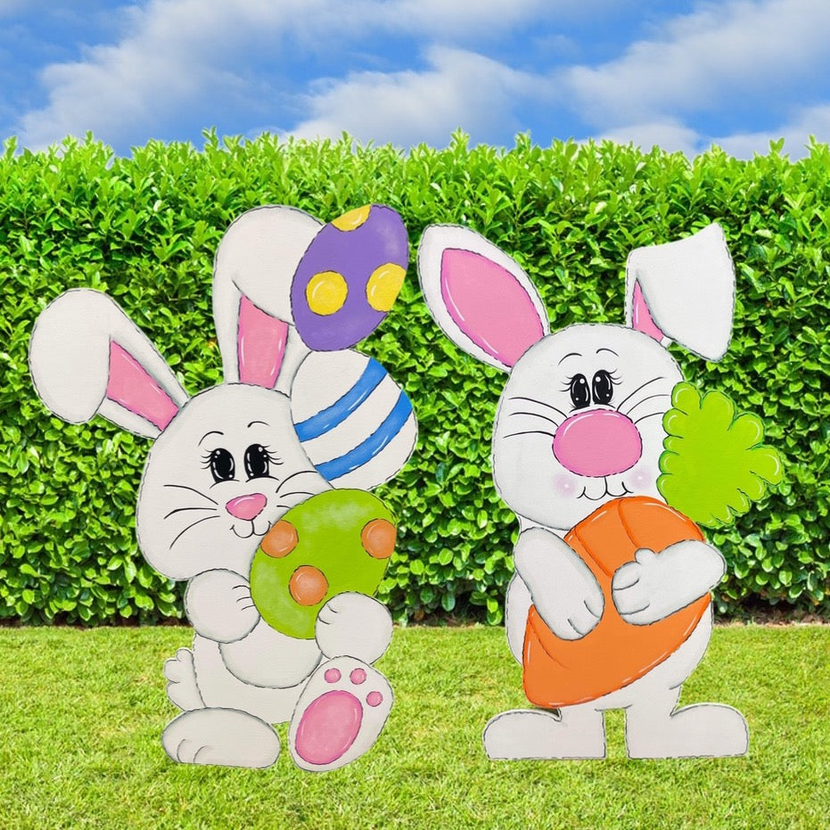 Hand Painted Wood Yard Art - Cute Easter or Spring Bunnies - Multiple Styles