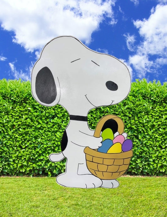 Hand Painted Wood Yard Art - Easter Snoopy with Basket of Eggs - Outdoor Lawn Decoration