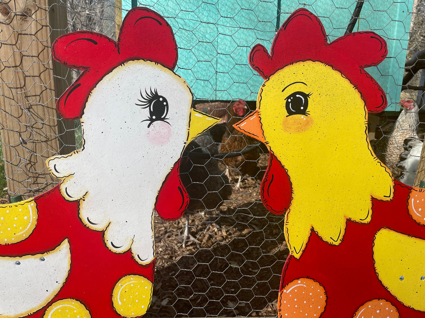 Hand Painted Wood Yard Art - Chickens Lawn and Garden Decoration - Hen Or Rooster