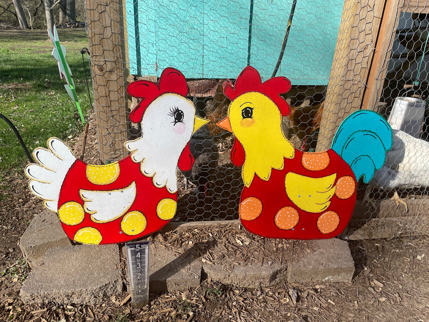 Hand Painted Wood Yard Art - Chickens Lawn and Garden Decoration - Hen Or Rooster