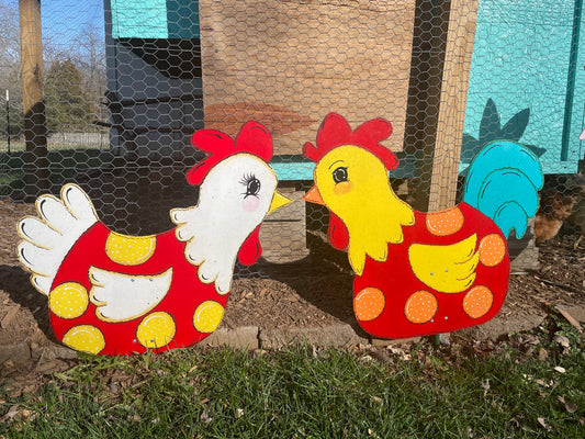 Hand Painted Wood Yard Art - Chickens Lawn and Garden Decoration - Hen Or Rooster