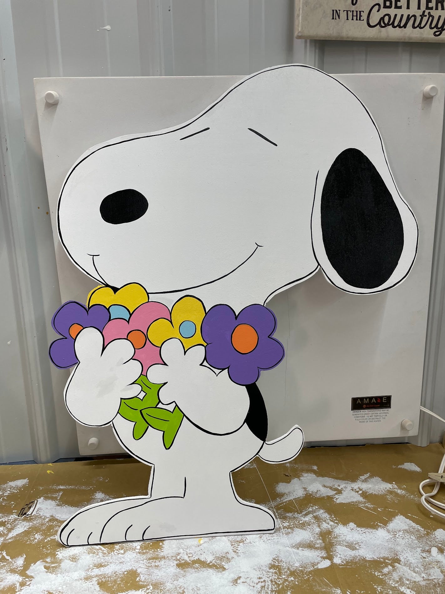 Hand Painted Wood Yard Art - Snoopy with Flower Bouquet - Spring or Easter Lawn Decoration - Outdoor Ready