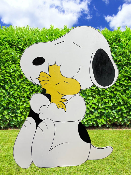 Hand Painted Wood Yard Art - Peanuts Snoopy Hugging Woodstock - Outdoor Lawn Decoration